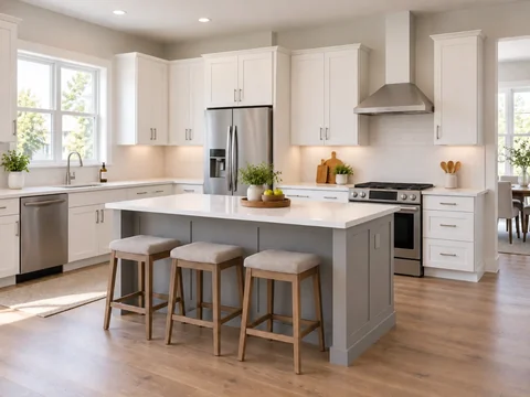 Simple value-oriented kitchen with white shaker cabinetry and a gray island