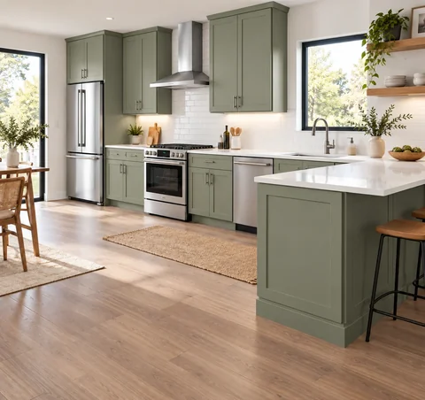Modern green shaker kitchen representing Mantra cabinetry