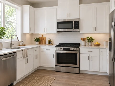 Pioneer-style white shaker kitchen with gas range and over-the-range microwave