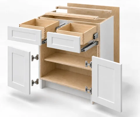 Illustrative exploded base cabinet showing the cabinet box, shelf, two drawers, door fronts, hinges, and drawer slides
