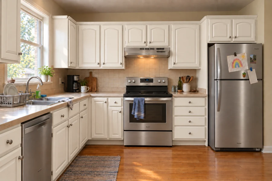 AI concept after painting: the same raised-panel door style, silver knobs and beige countertops, with cabinets painted soft white