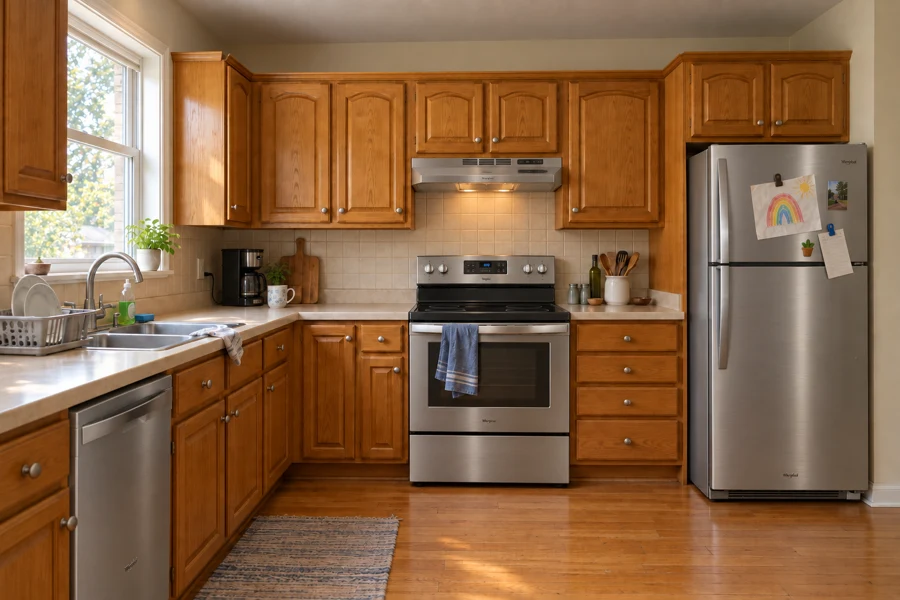 AI concept before refacing: small kitchen with honey-oak raised-panel cabinets and beige countertops